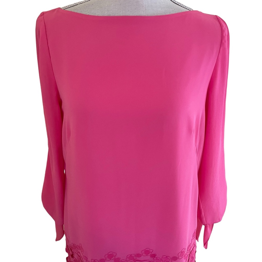 Tahari ASL Bubblegum Pink Shift Dress with Long Tie Sleeves and Lace Hem - Picture 2 of 10